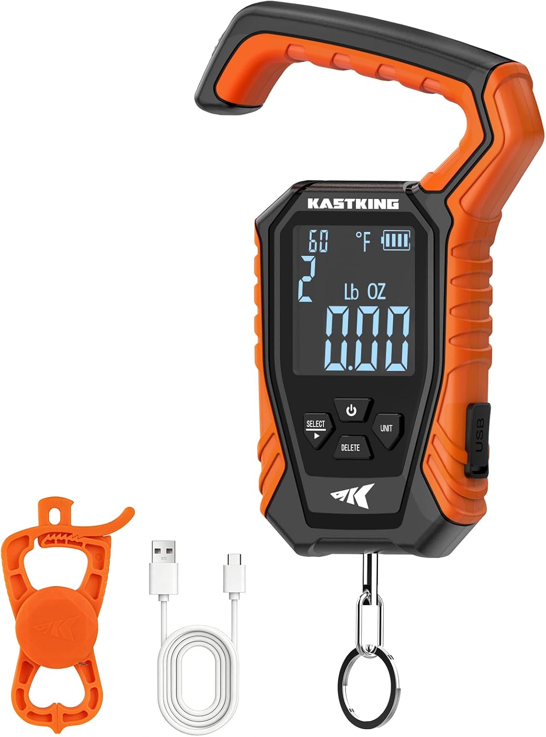 KastKing Weighmaster Mechanical-Digital Fishing Scale with Lip Gripper, 120 lb Capacity, 2.5″ Backlit Display, High-Precision Sensor, 9 Weight Memory, Temperature Detection, IPX6 Waterproof