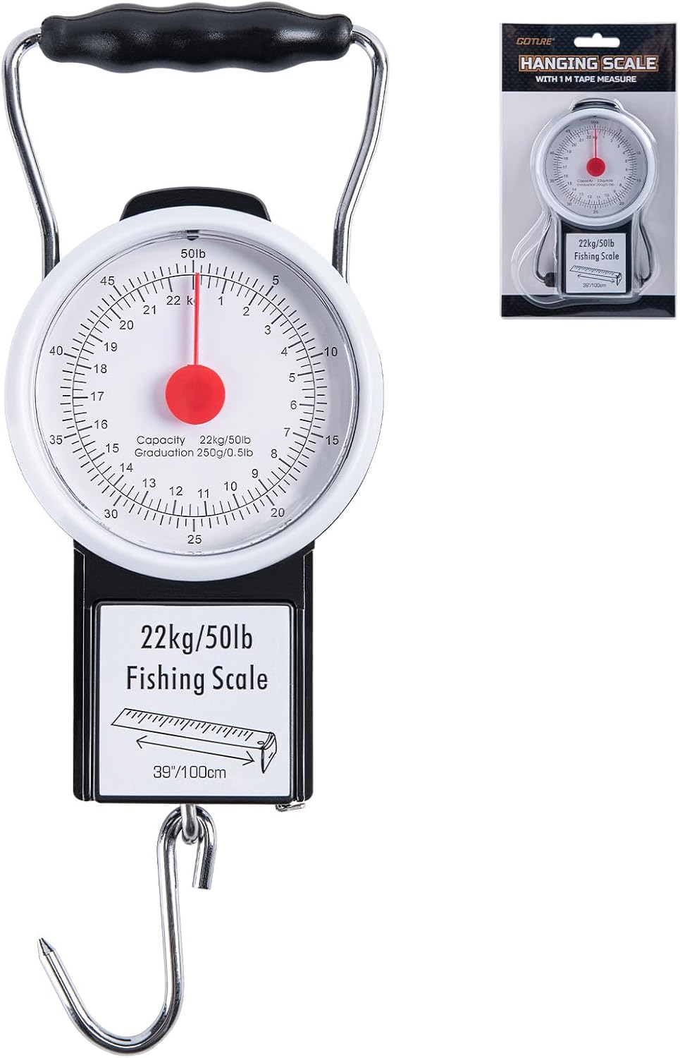 Goture Hanging Scale with 39″ Built-in Tape Measure, 50lb/22kg Fishing Scale, Battery-Free Mechanical Spring Scale for Weighing & Measuring Fish, Waterproof Fishing Gear for Saltwater and Freshwater