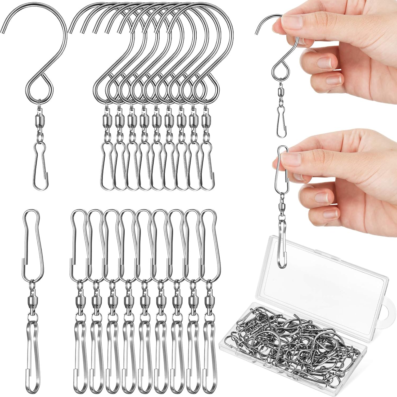 Jetec 30 Pieces Wind Spinner Swivel Hooks 360 Degree Dual Spinning Windsock Chime Supplies Hanger Swivels Clip Hanging Hooks with Storage Box for Wind Spinners Supply, 2 Styles (Metal Color)