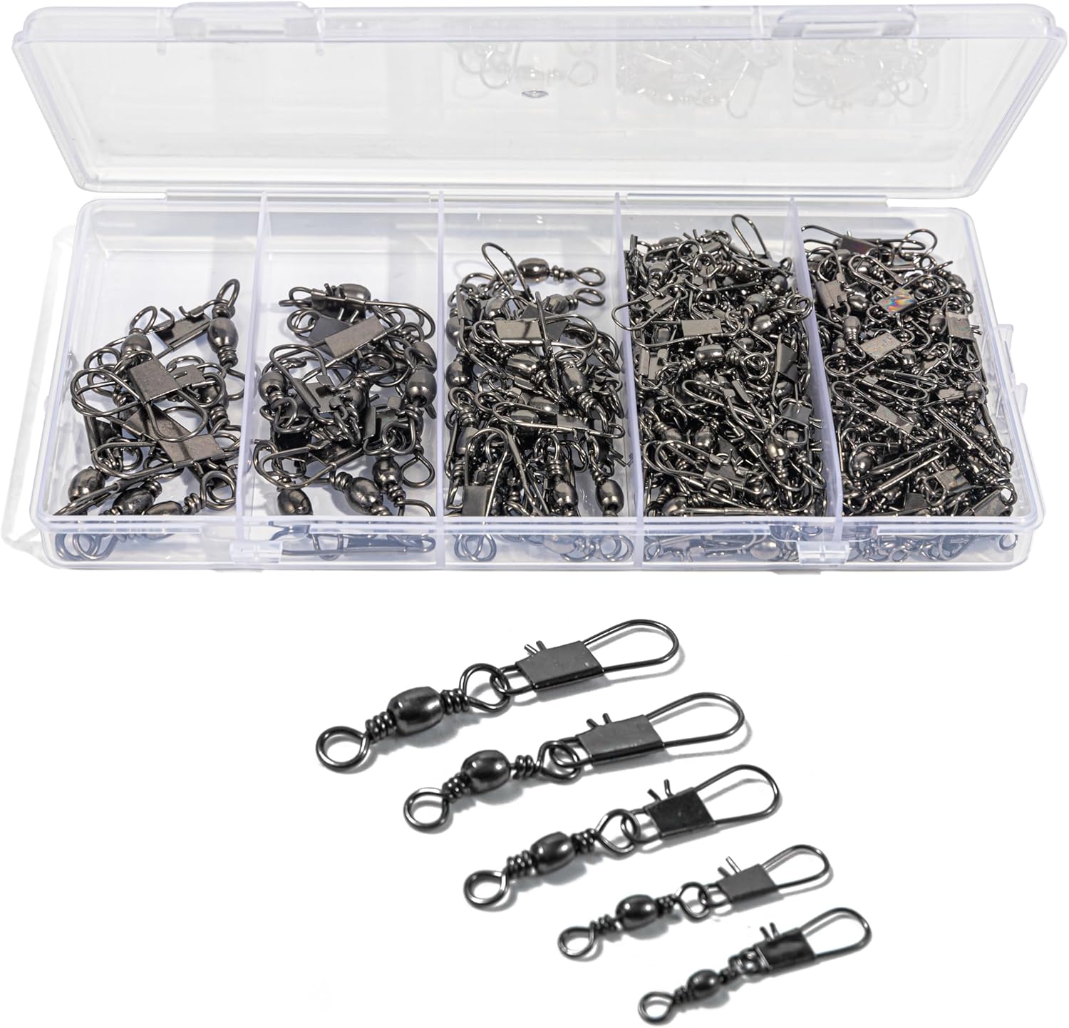 100Pcs Fishing Swivels, 5 Sizes Barrel Snap Swivel Fishing Tackle for Quick Linking of Lures and Lines