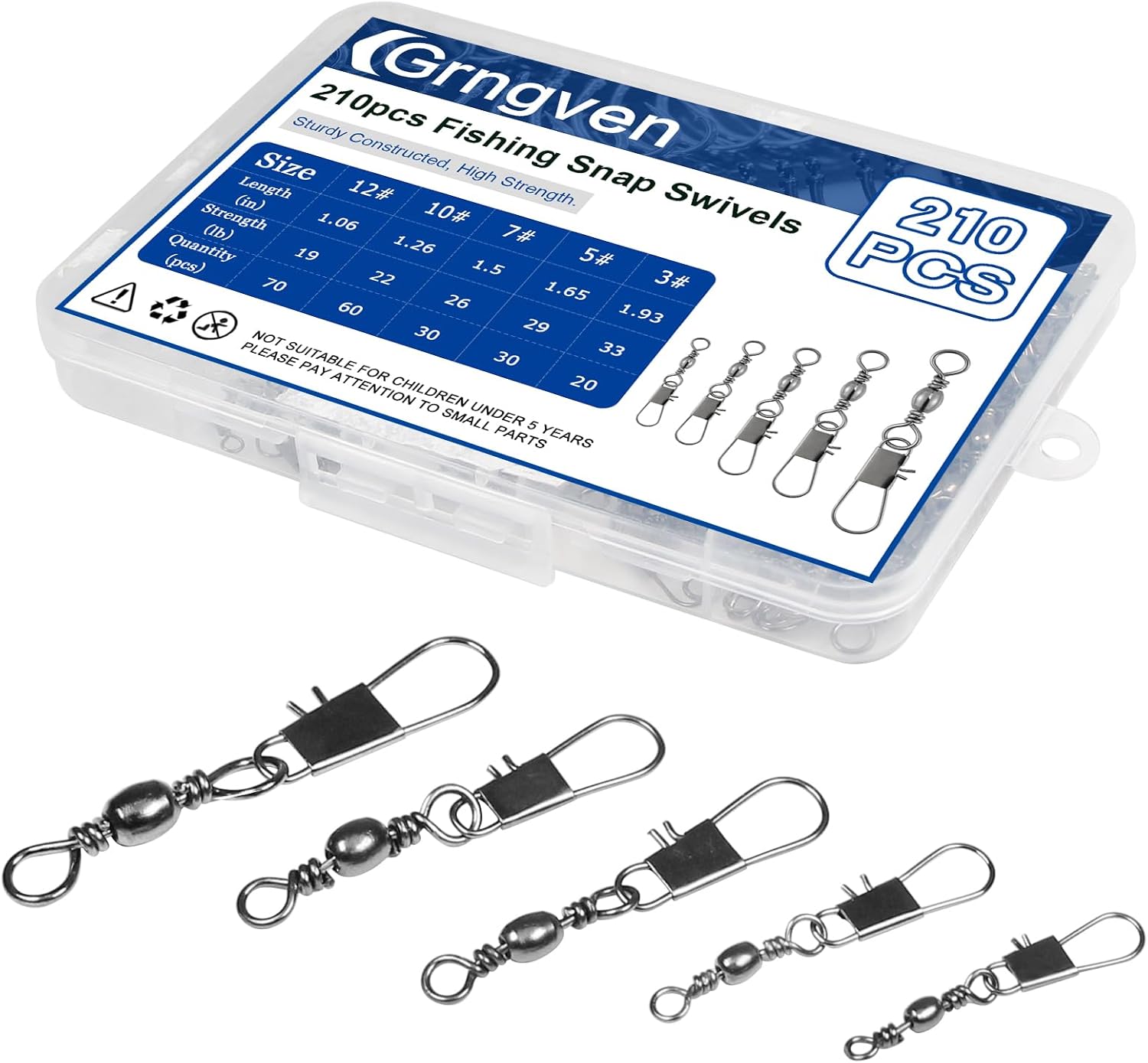 210PCS Fishing Swivels, 5 Sizes Barrel Swivels with Snaps, Fishing Swivels Saltwater Freshwater Snap Connector for Quick Connect Fishing Lures